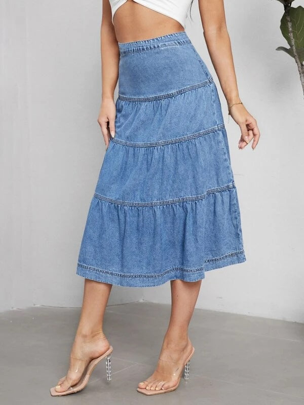 CM-BS138276 Women Casual Seoul Style High Waist Ruffle Hem Denim Skirt