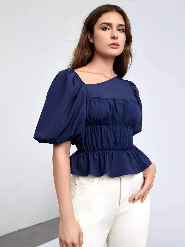 CM-TS811528 Women Casual Seoul Style Asymmetrical Neck Puff Sleeve Ruched Peplum Blouse