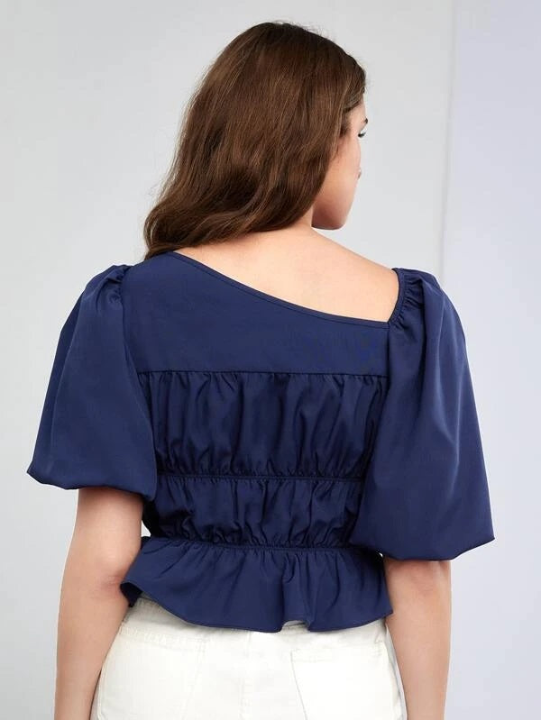 CM-TS811528 Women Casual Seoul Style Asymmetrical Neck Puff Sleeve Ruched Peplum Blouse