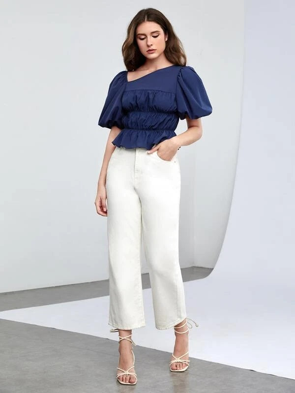 CM-TS811528 Women Casual Seoul Style Asymmetrical Neck Puff Sleeve Ruched Peplum Blouse