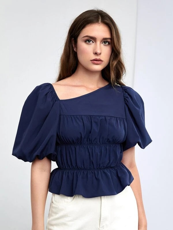 CM-TS811528 Women Casual Seoul Style Asymmetrical Neck Puff Sleeve Ruched Peplum Blouse