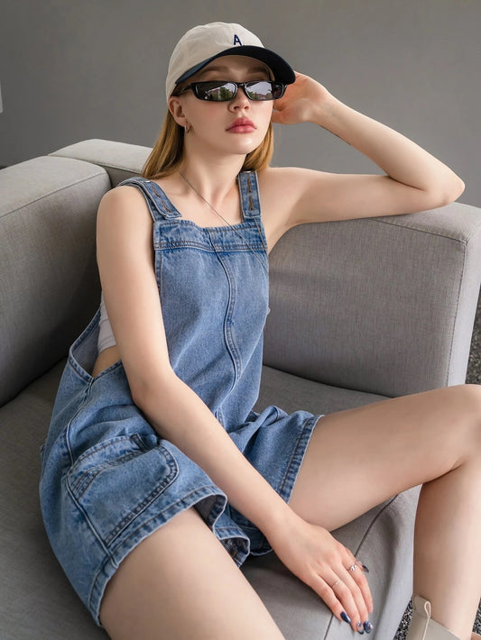 CM-JS407574 Women Preppy Seoul Style Medium Wash Dual Pocket Denim Overall