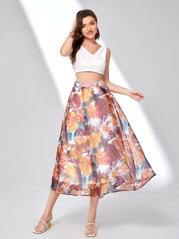 CM-BS952412 Women Trendy Bohemian Style High Waist Floral Print Organza Skirt