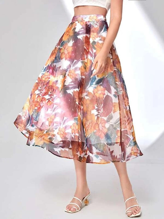 CM-BS952412 Women Trendy Bohemian Style High Waist Floral Print Organza Skirt