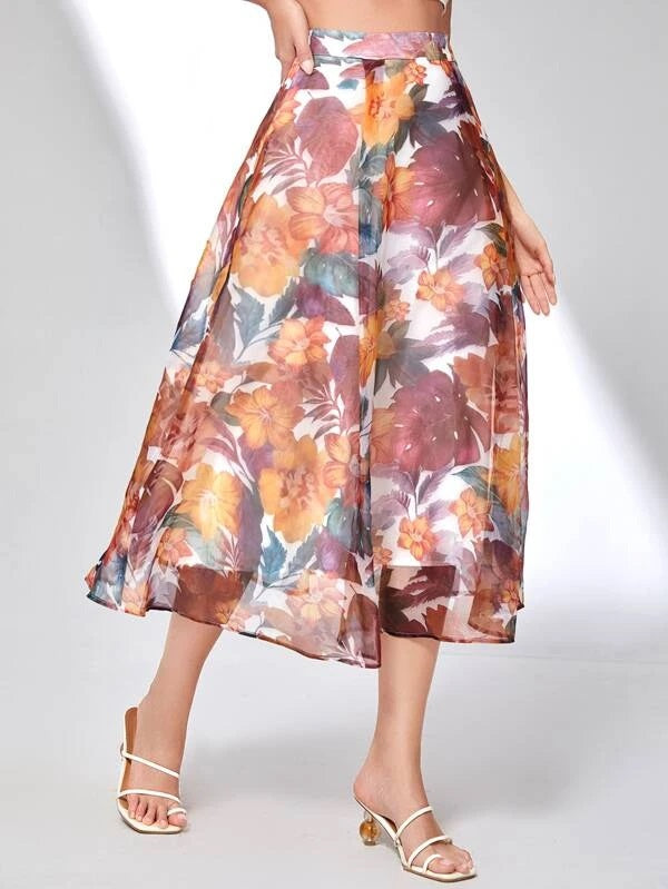 CM-BS952412 Women Trendy Bohemian Style High Waist Floral Print Organza Skirt