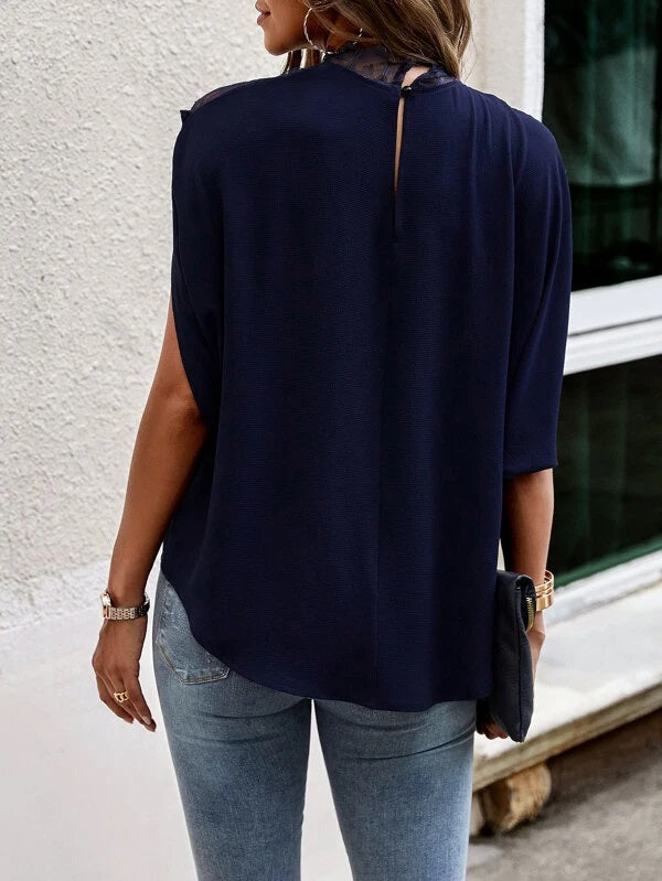 CM-TS411525 Women Elegant Seoul Style Contrast Lace Panel Batwing Sleeve Blouse - Navy Blue