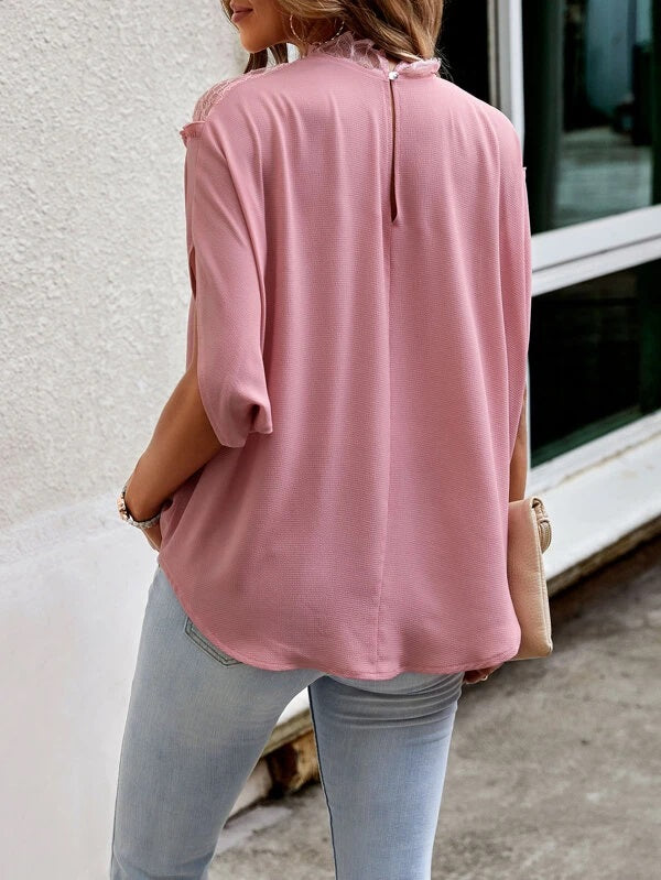 CM-TS544245 Women Elegant Seoul Style Contrast Lace Panel Batwing Sleeve Blouse - Dusty Pink