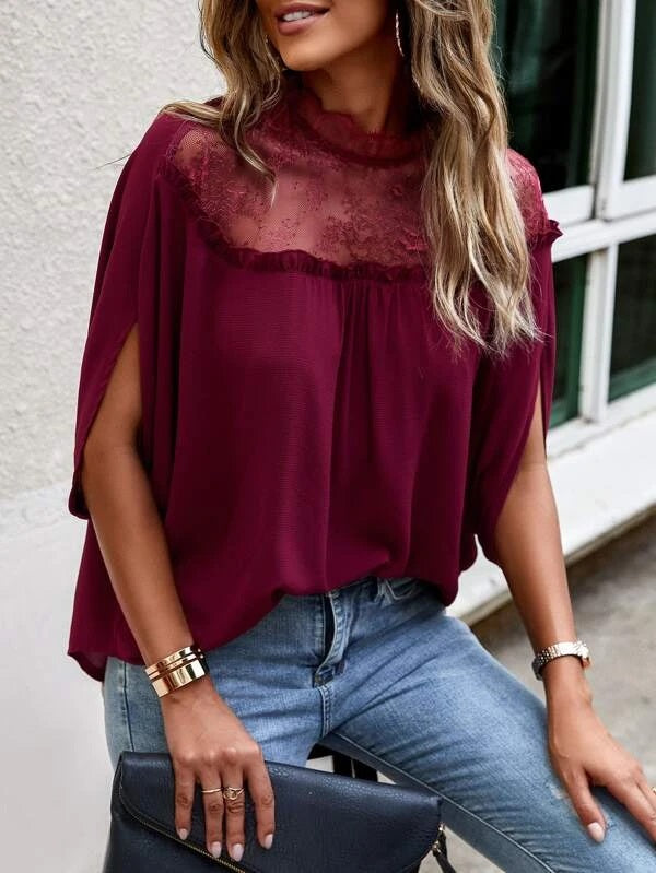 CM-TS744318 Women Elegant Seoul Style Contrast Lace Panel Batwing Sleeve Blouse - Burgundy