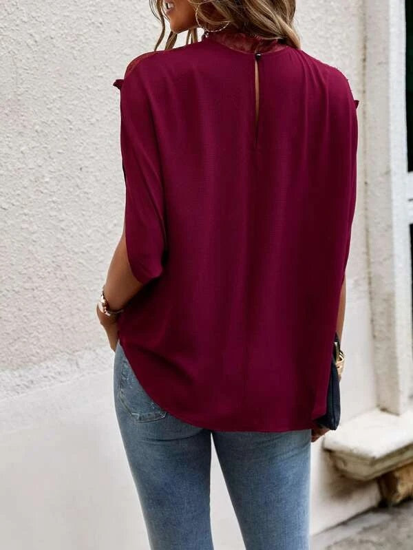 CM-TS744318 Women Elegant Seoul Style Contrast Lace Panel Batwing Sleeve Blouse - Burgundy
