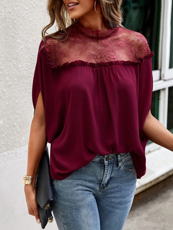 CM-TS744318 Women Elegant Seoul Style Contrast Lace Panel Batwing Sleeve Blouse - Burgundy