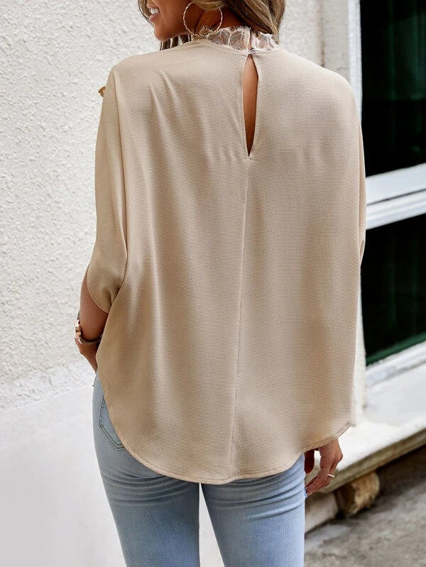 CM-TS118987 Women Elegant Seoul Style Contrast Lace Panel Batwing Sleeve Blouse - Apricot