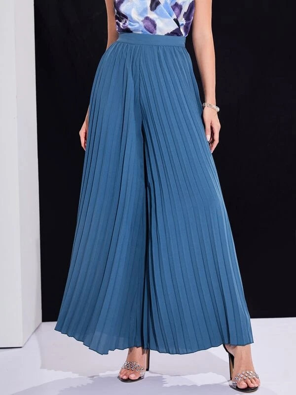 CM-BS299919 Women Casual Seoul Style Fold Pleated Wide Leg Pants - Dusty Blue