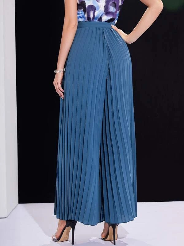 CM-BS299919 Women Casual Seoul Style Fold Pleated Wide Leg Pants - Dusty Blue