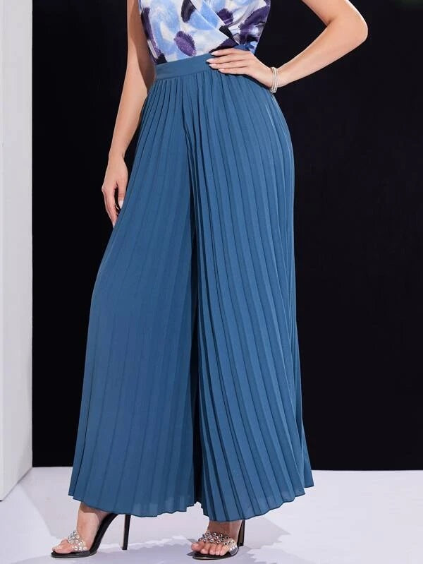 CM-BS299919 Women Casual Seoul Style Fold Pleated Wide Leg Pants - Dusty Blue