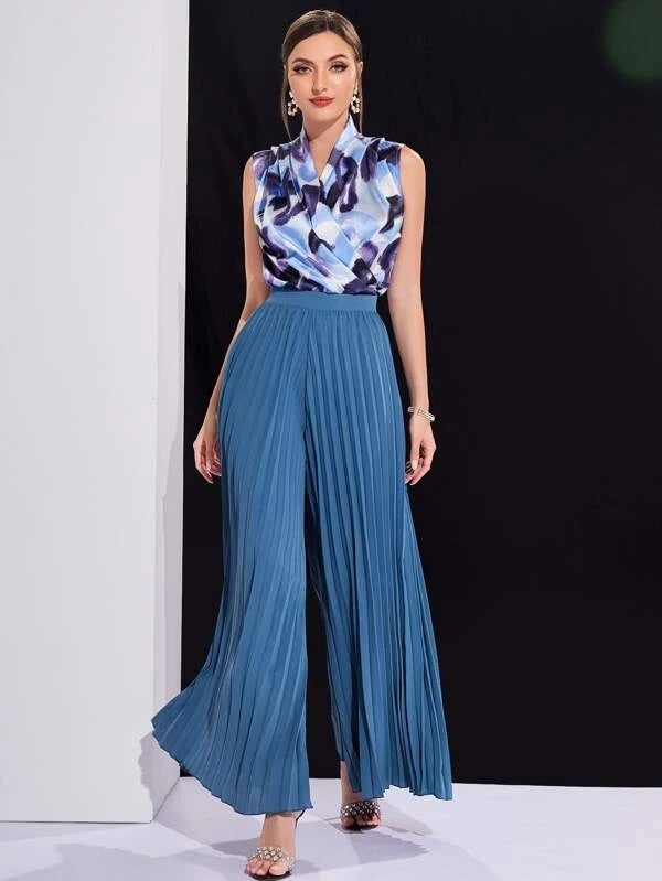 CM-BS299919 Women Casual Seoul Style Fold Pleated Wide Leg Pants - Dusty Blue