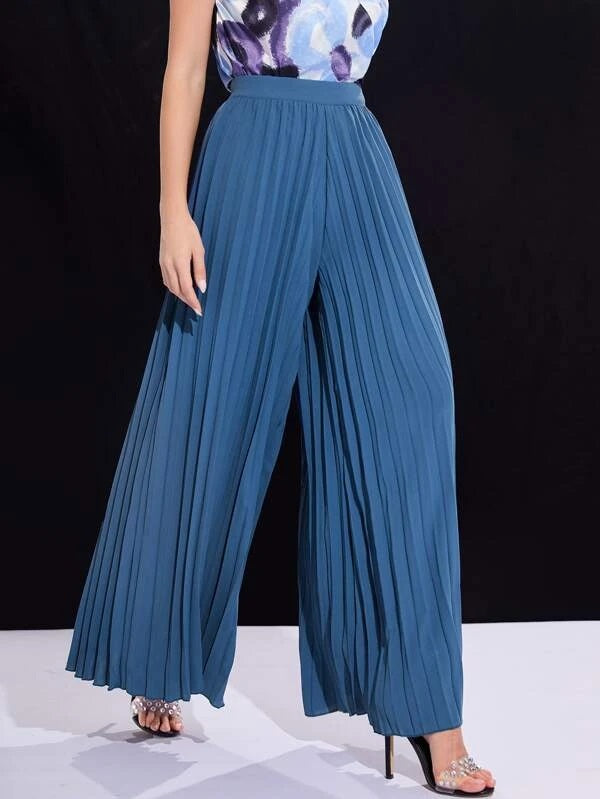 CM-BS299919 Women Casual Seoul Style Fold Pleated Wide Leg Pants - Dusty Blue