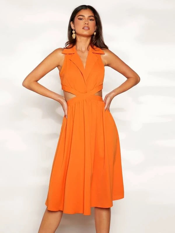 CM-DS496939 Women Casual Seoul Style Neon Orange Lapel Neck Cut Out Waist Dress