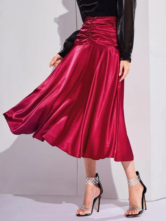 CM-BS037979 Women Elegant Seoul Style Ruched High Waisted Satin Skirt - Burgundy