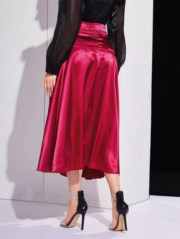 CM-BS037979 Women Elegant Seoul Style Ruched High Waisted Satin Skirt - Burgundy