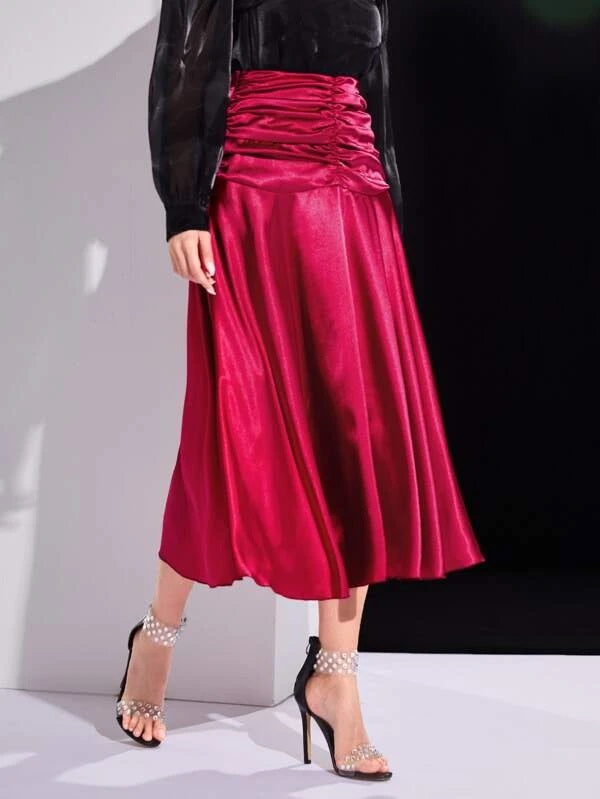 CM-BS037979 Women Elegant Seoul Style Ruched High Waisted Satin Skirt - Burgundy