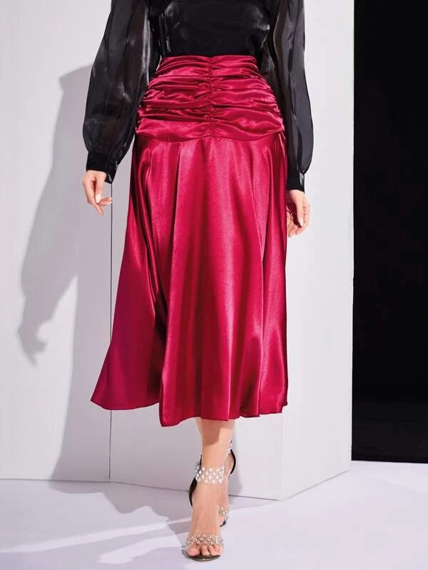 CM-BS037979 Women Elegant Seoul Style Ruched High Waisted Satin Skirt - Burgundy