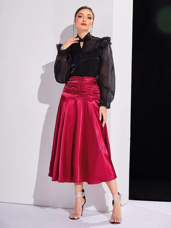 CM-BS037979 Women Elegant Seoul Style Ruched High Waisted Satin Skirt - Burgundy