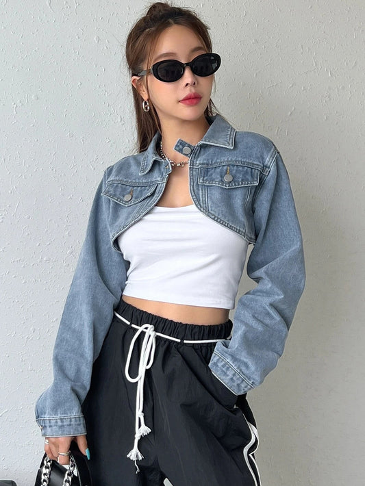 CM-CS932444 Women Preppy Seoul Style Light Wash Asymmetrical Hem Crop Denim Jacket