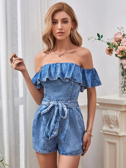 CM-JS955090 Women Preppy Seoul Style Off Shoulder Ruffle Trim Belted Denim Romper