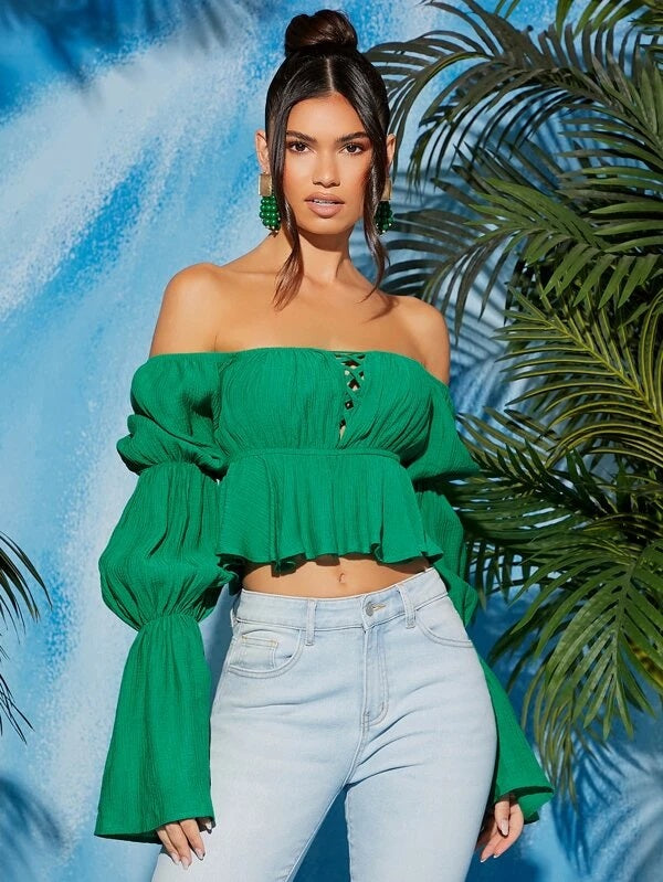 CM-TS791556 Women Casual Seoul Style Crisscross Front Off Shoulder Gathered Sleeve Peplum Blouse