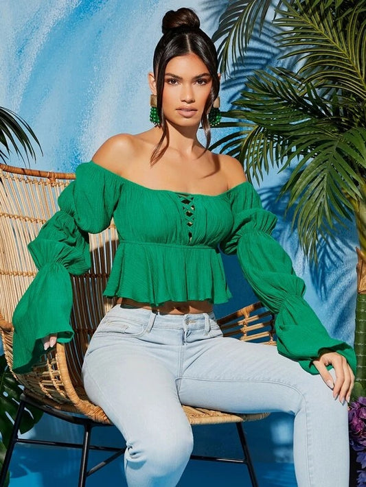 CM-TS791556 Women Casual Seoul Style Crisscross Front Off Shoulder Gathered Sleeve Peplum Blouse