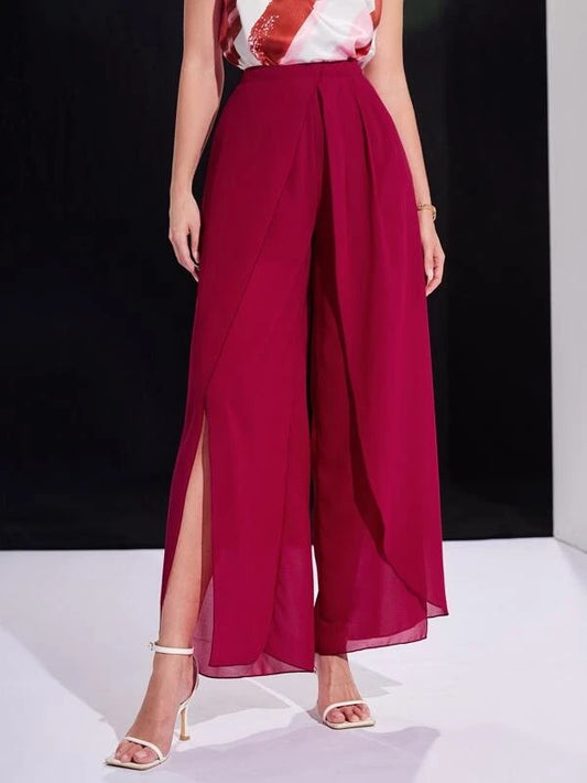 CM-BS988858 Women Casual Seoul Style Slit Hem Wide Leg Pants - Burgundy