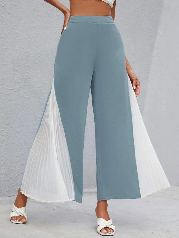 CM-BS662833 Women Casual Seoul Style Colorblock Pleated Wide Leg Pants - Cadet Blue