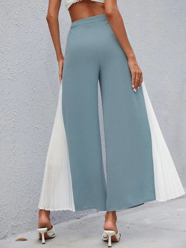 CM-BS662833 Women Casual Seoul Style Colorblock Pleated Wide Leg Pants - Cadet Blue