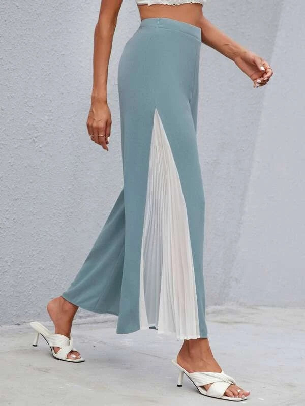 CM-BS662833 Women Casual Seoul Style Colorblock Pleated Wide Leg Pants - Cadet Blue