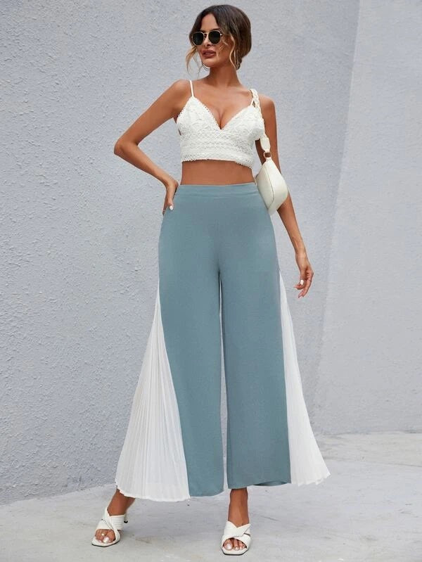 CM-BS662833 Women Casual Seoul Style Colorblock Pleated Wide Leg Pants - Cadet Blue