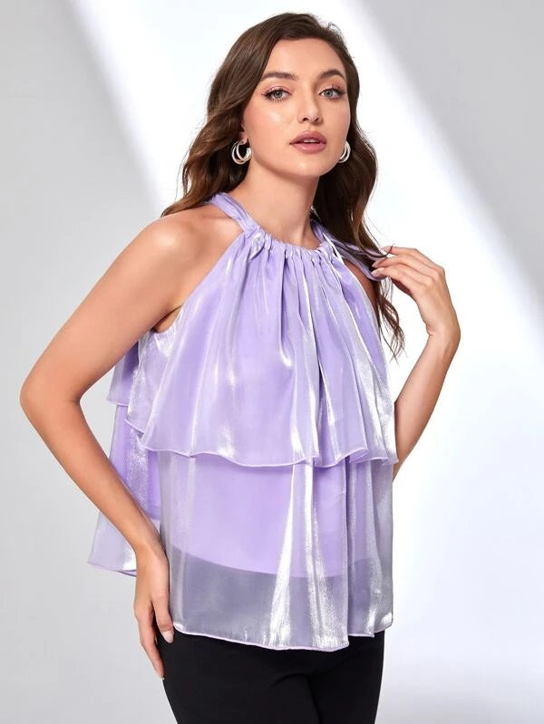 CM-TS747884 Women Casual Seoul Style Knotted Neck Layered Organza Halter Top