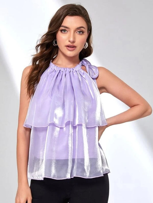 CM-TS747884 Women Casual Seoul Style Knotted Neck Layered Organza Halter Top