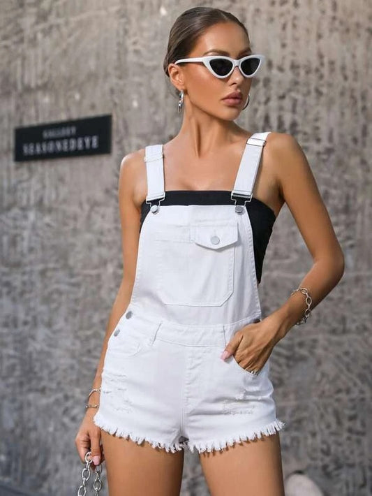 CM-JS711051 Women Preppy Seoul Style Ripped Raw Cut Denim Overall Romper - White