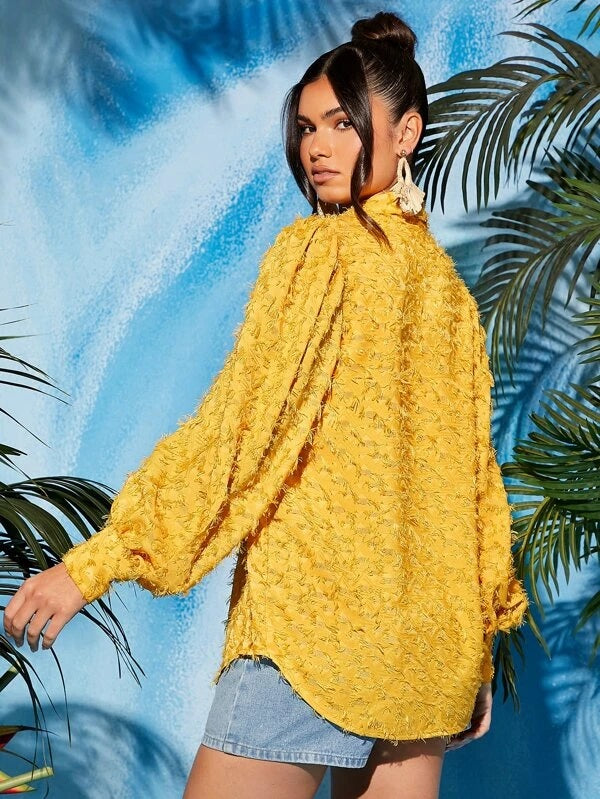 CM-TS861671 Women Casual Seoul Style Button Front Fringe Lantern Sleeve Blouse - Yellow