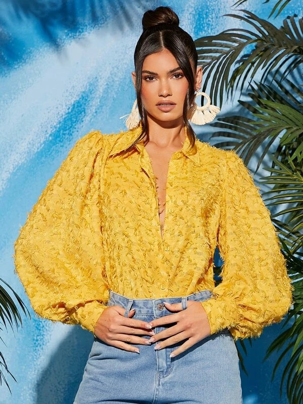 CM-TS861671 Women Casual Seoul Style Button Front Fringe Lantern Sleeve Blouse - Yellow