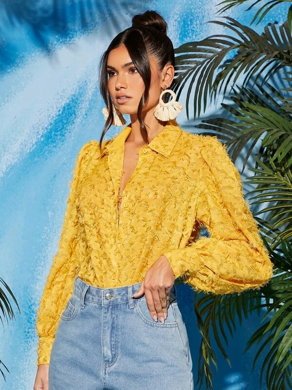 CM-TS861671 Women Casual Seoul Style Button Front Fringe Lantern Sleeve Blouse - Yellow