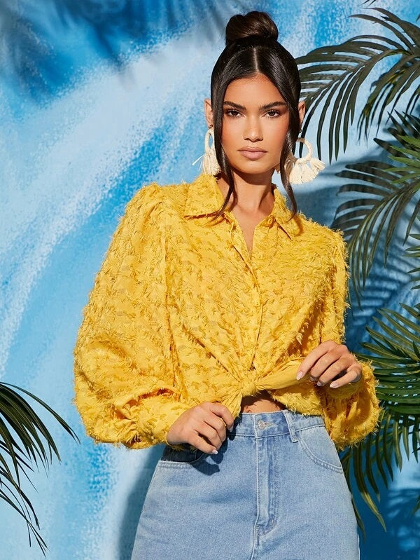 CM-TS861671 Women Casual Seoul Style Button Front Fringe Lantern Sleeve Blouse - Yellow