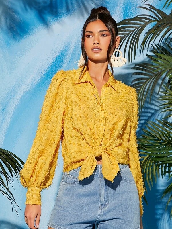 CM-TS861671 Women Casual Seoul Style Button Front Fringe Lantern Sleeve Blouse - Yellow