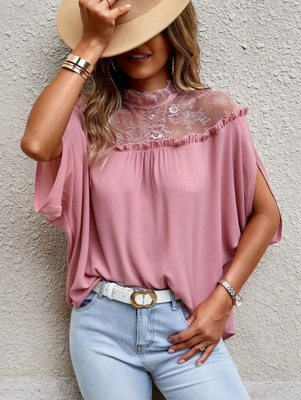 CM-TS544245 Women Elegant Seoul Style Contrast Lace Panel Batwing Sleeve Blouse - Dusty Pink