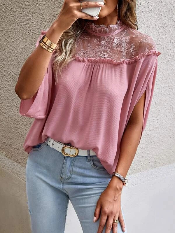 CM-TS544245 Women Elegant Seoul Style Contrast Lace Panel Batwing Sleeve Blouse - Dusty Pink