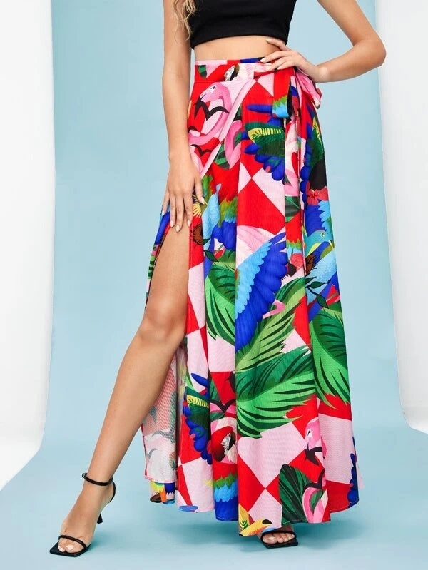 CM-BS741519 Women Trendy Bohemian Style Tropical Print Wrap Tie Side Skirt