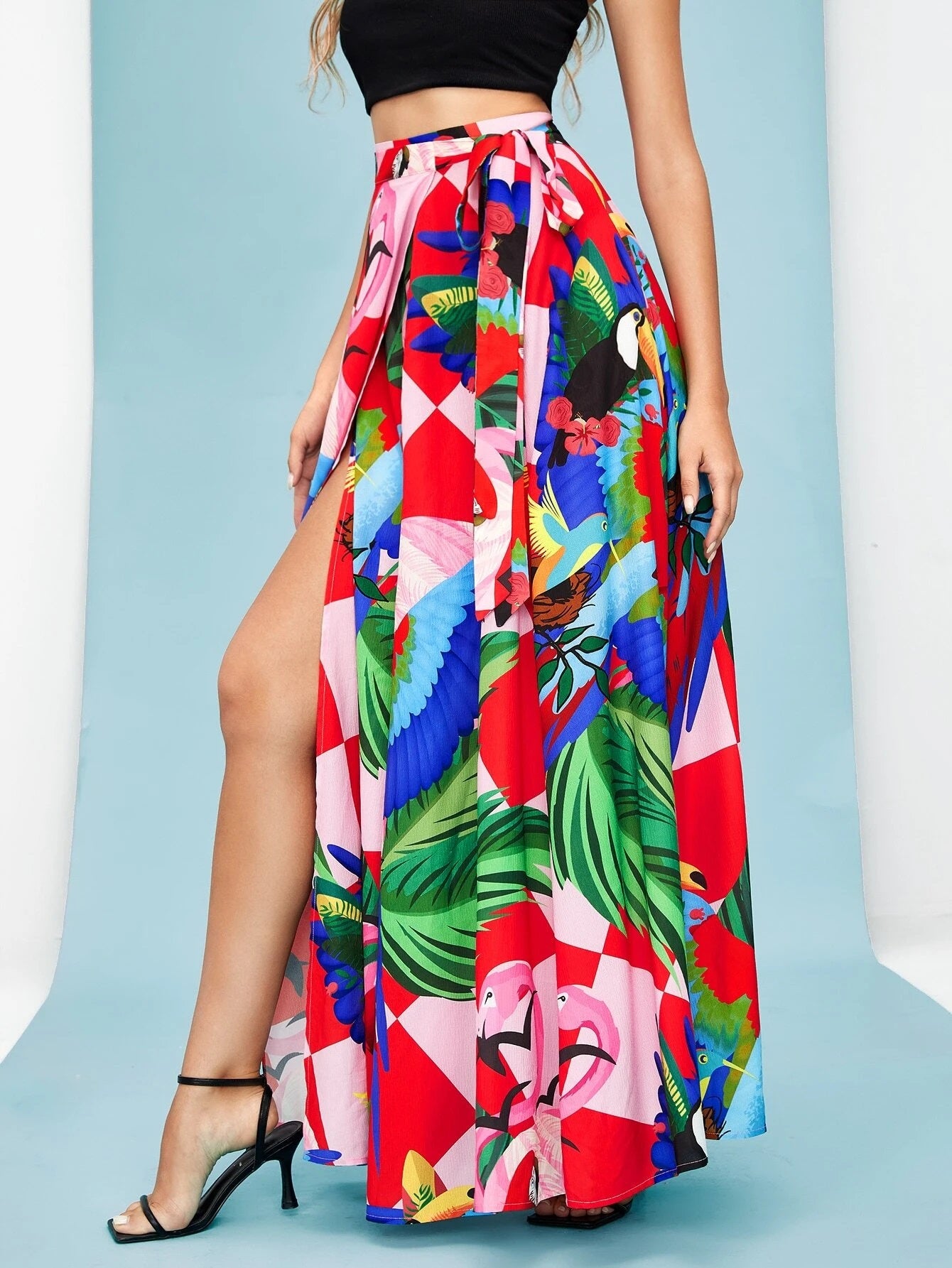 CM-BS741519 Women Trendy Bohemian Style Tropical Print Wrap Tie Side Skirt