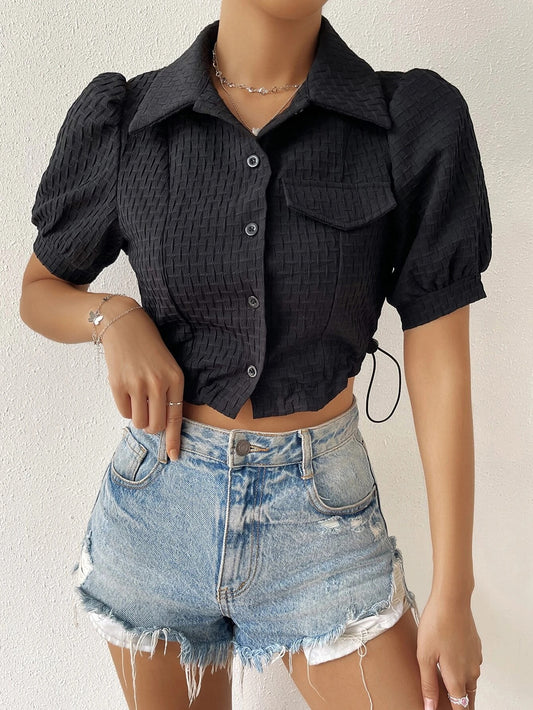 CM-TS694510 Women Casual Seoul Style Drawstring Side Flap Detail Puff Sleeve Textured Blouse
