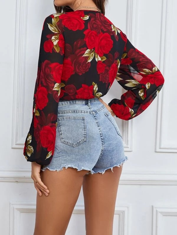 CM-TS573293 Women Trendy Bohemian Style Floral Print Split Lantern Sleeve Bodysuit