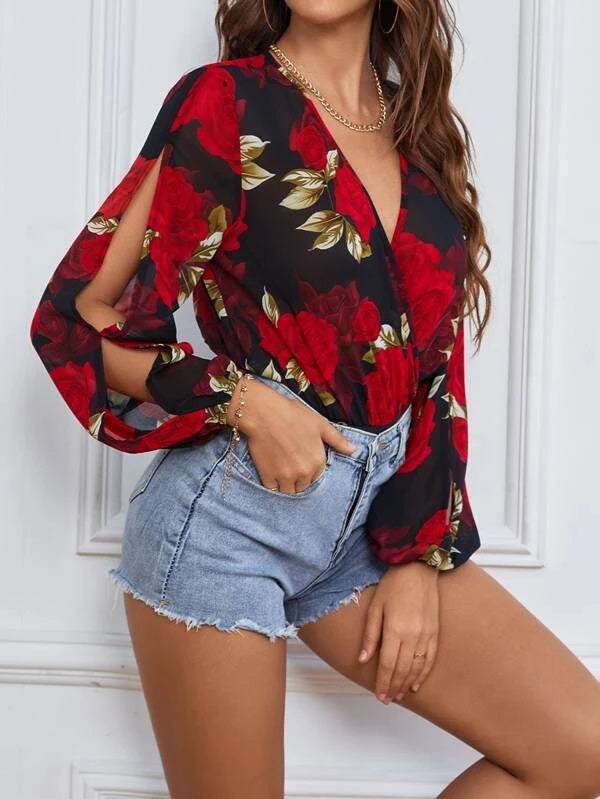 CM-TS573293 Women Trendy Bohemian Style Floral Print Split Lantern Sleeve Bodysuit